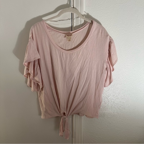 Light Blush Pink Ruffle Sleeve Top Blouse Target Medium Soft Flowy Tie Cropped - Picture 9 of 12